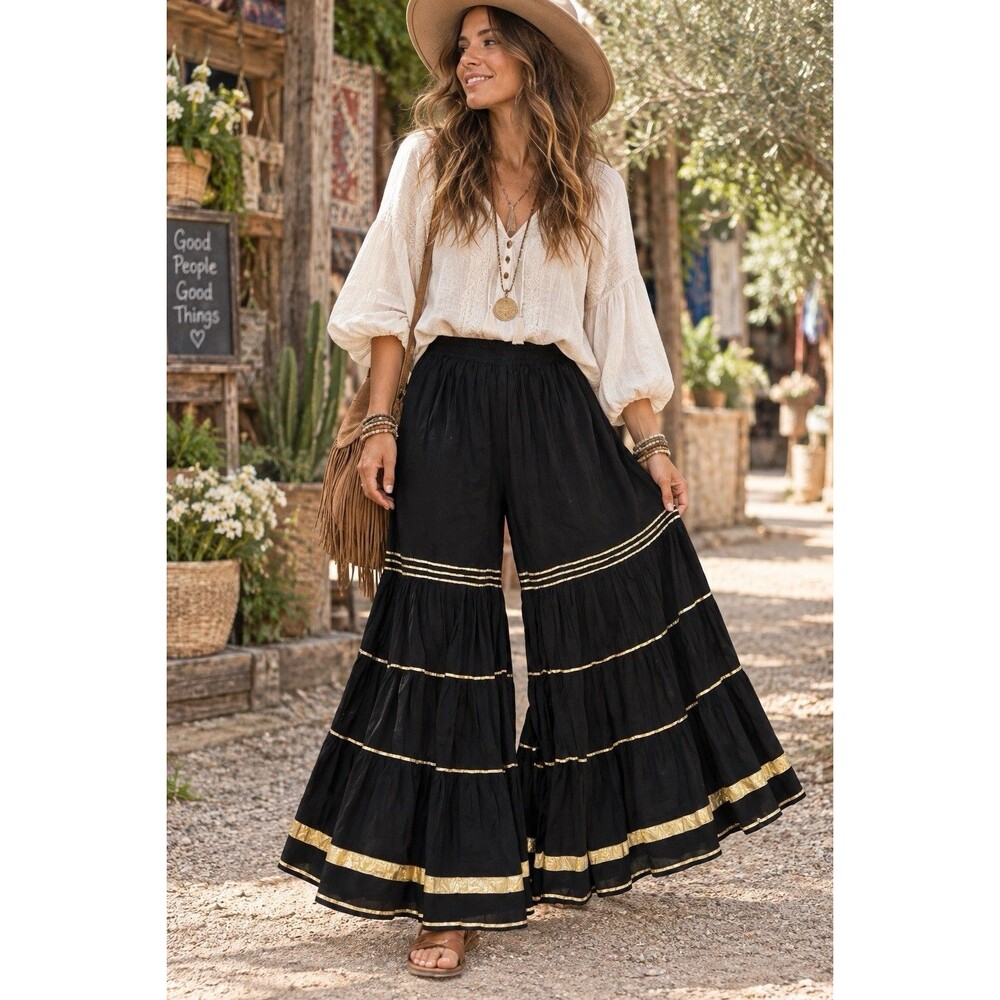 Wide Leg Palazzo Pants Black Women’s Small Boho Gypsy Fairy Gold Trim
